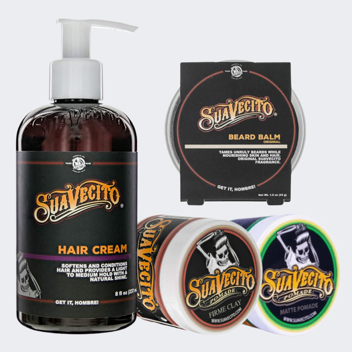 Suavecito Pomade Original Hold and Strong Hold, Beard Balm and Hair Cream Bundle