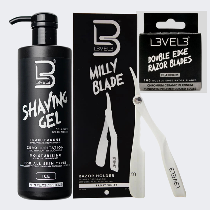 Barber Must Haves Subscription Box - L3VEL3 Double-Edge Razor Blades,  Shaving Gel Ice and White Milly Razor Blade