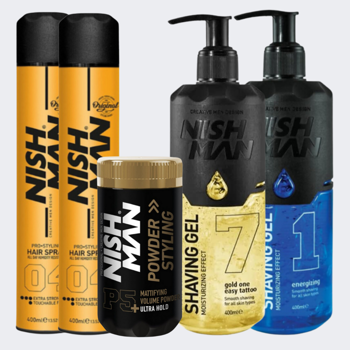 Nish Man Ultimate Bundle - 2 Hair Spray, 1 Powder Wax, 2 Shaving Gels