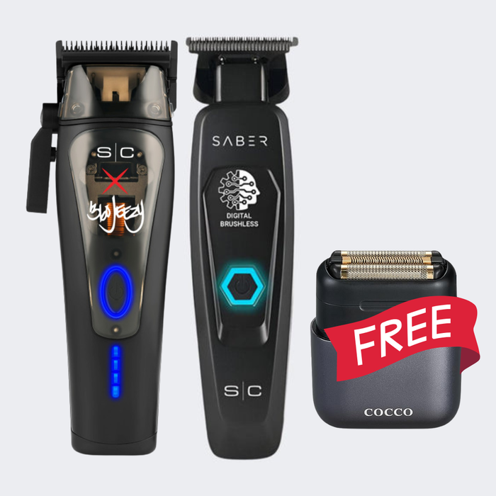 StyleCraft Jeezy Clipper & Saber Professional Trimmer Combo – Black  With FREE Cocco Impacto Shaver