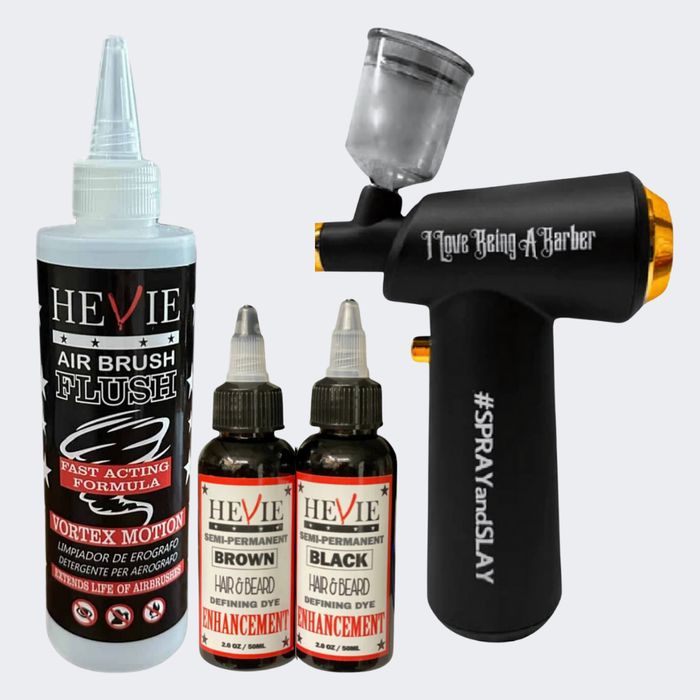 Barber Must Haves Subscription Box - Cordless AirBrush + Hevie Enhancement Black & Brown 2oz and Airbrush Flush Cleaner