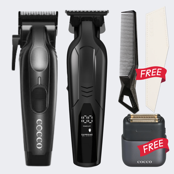COCCO Hyper Veloce Pro Clipper Black & Supreme Vader Lite Trimmer Black Combo with FREE Premium Comb and Impacto  Shaver
