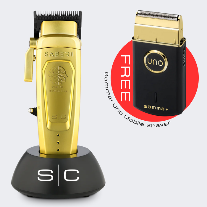 StyleCraft Saber 2.0 Cordless Modular Clipper w/ High-Torque Digital Brushless Motor - Gold with FREE Gamma+ Uno Mobile Shaver