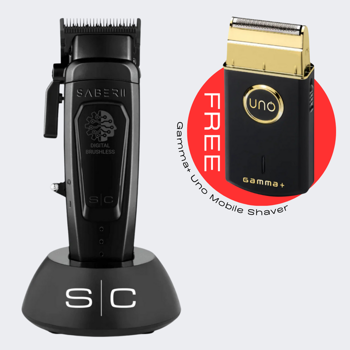 StyleCraft Saber 2.0 Cordless Modular Clipper w/ High-Torque Digital Brushless Motor - Black with FREE Gamma+ Uno Mobile Shaver