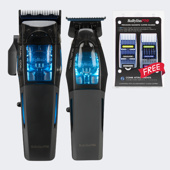BaBylissPRO Dual-Coil Clipper FX95C & Trimmer FX95T Combo with Free Precision Magnetic Clipper Guards 6-Pack