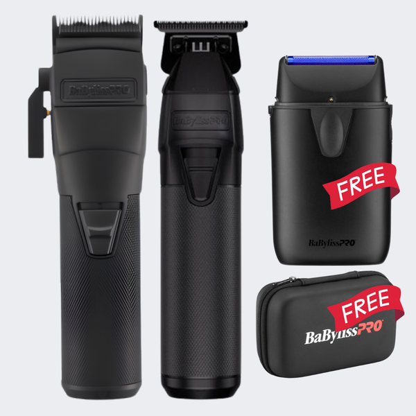 BaBylissPRO FXONE BLACKFX Clipper & Trimmer Combo with FREE UV Single Foil Matte Black Shaver & Case