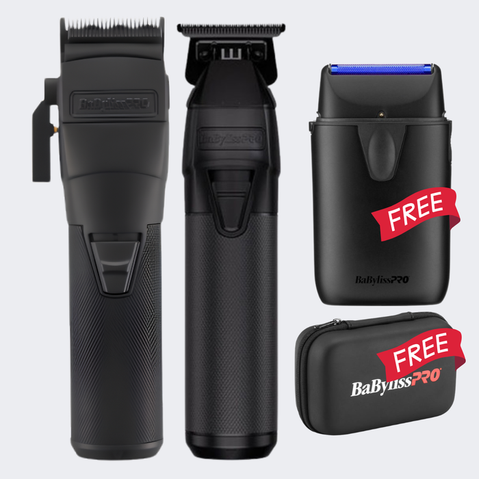 BaBylissPRO FXONE BLACKFX Clipper & Trimmer Combo with FREE UV Single Foil Matte Black Shaver & Case