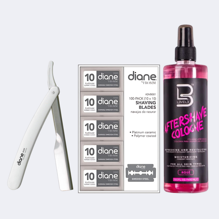 Diane White Shaving Razor and Double Edge Razor Blades 100pk and L3VEL3 After Shave Cologne 400ml - Rose Bundle