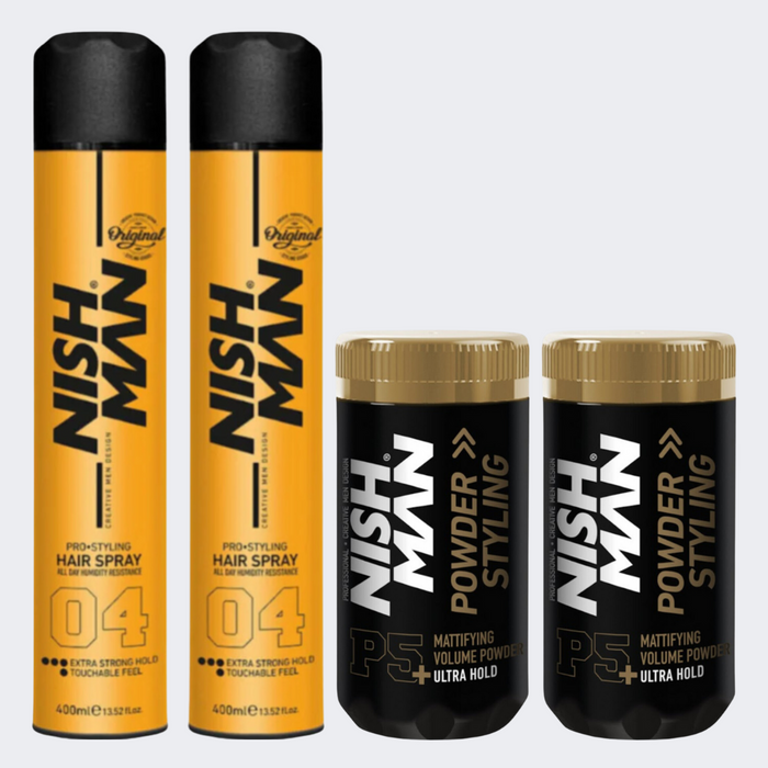 Nish Man Styling Bundle - 2 Hair Spray, 2 Styling Powder