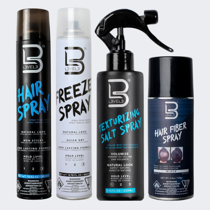 L3VEL3 Styling Spray Bundle - Hair Spray, Freeze Spray, Texturizing Salt Spray & Hair Fiber Spray