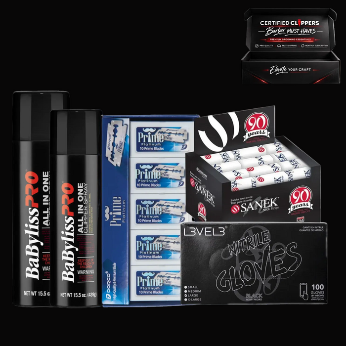 Certified Clippers Barber Must Haves Kit – BaBylissPRO Spray, Prime Blades, Sanek Neck Strips & LV3 Nitrile Gloves