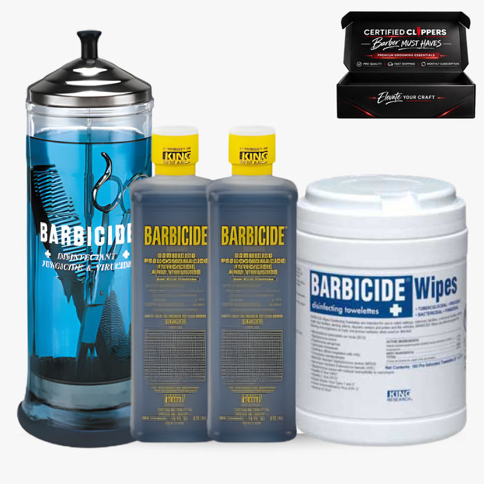 Certified Clippers Sanitation Kit – Barbicide Jar, Barbicide Concentrate & Barbicide Disinfecting Wipes