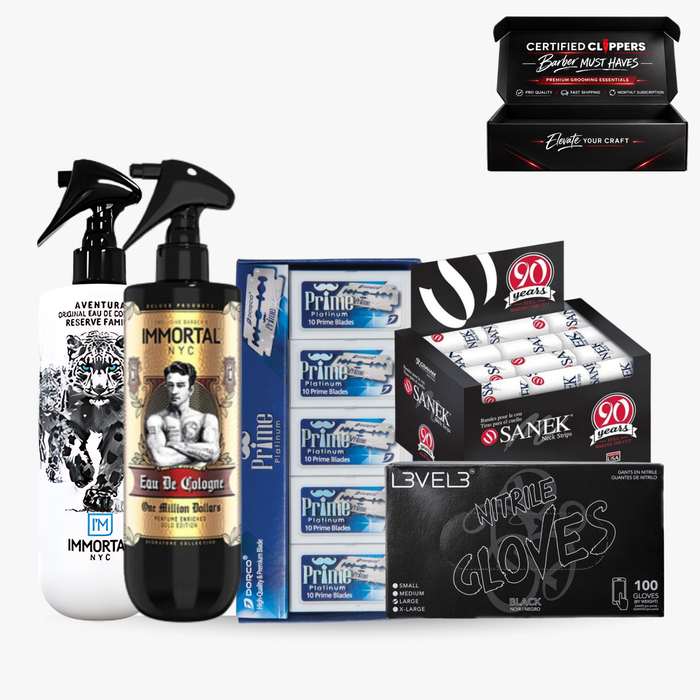 Certified Clippers Barber Must Haves Kit – Immortal NYC Cologne, Prime Blades, Sanek Neck Strips & LV3 Nitrile Gloves