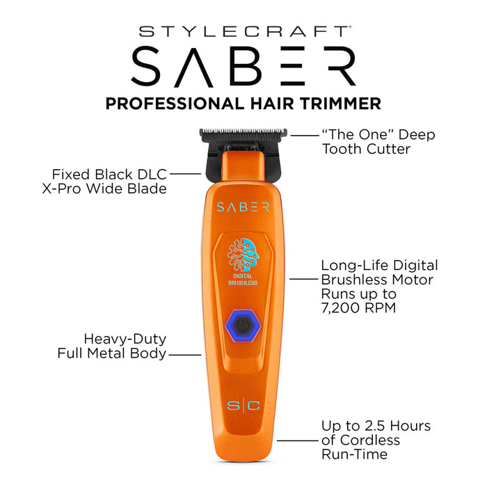 StyleCraft Saber Cordless Digital Brushless Motor Trimmer – Orange (SC421O)