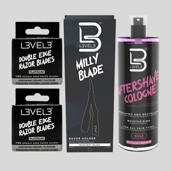 Barber Must Haves Subscription Box - L3VEL3 Double-Edge Razor Blades, Aftershave Cologne and Milly Razor Blade